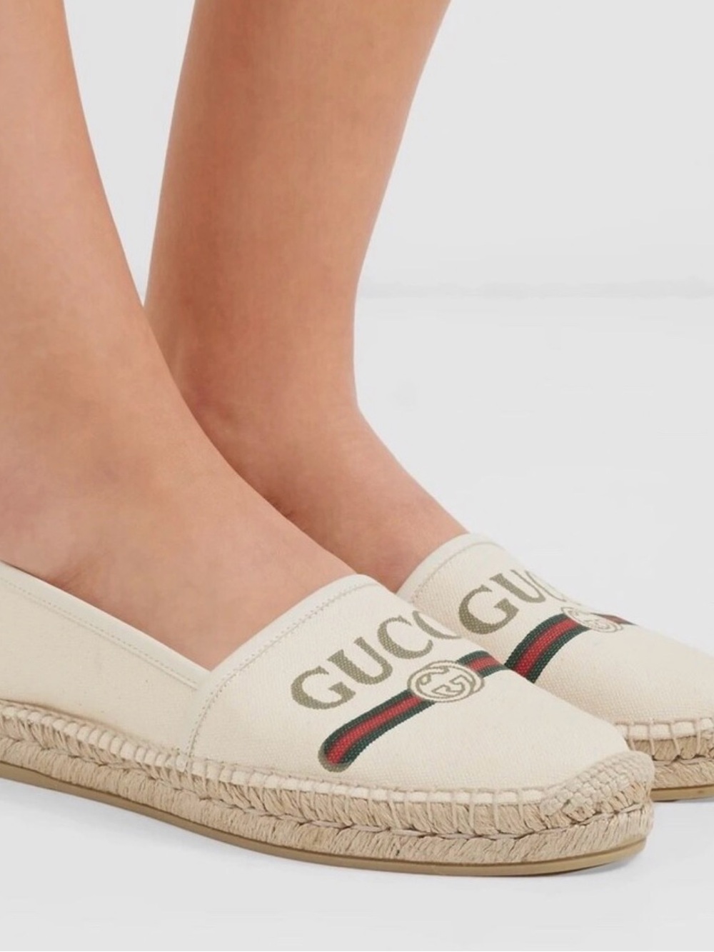 Authentic Gucci Leather-trim Canvas Espadrilles with Green-Red Web